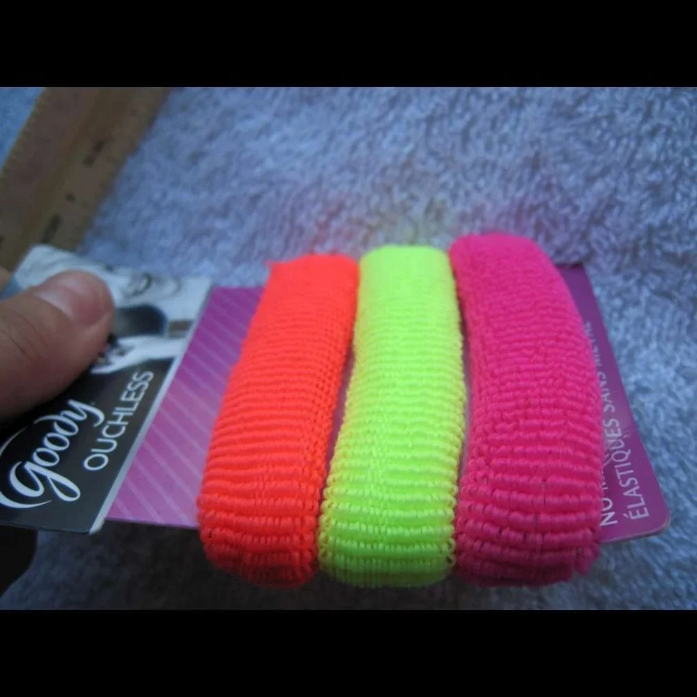 3 Goody Ouchless Terry Fabric Elastic Hair Bands Neon Bright Orange Yellow Pink